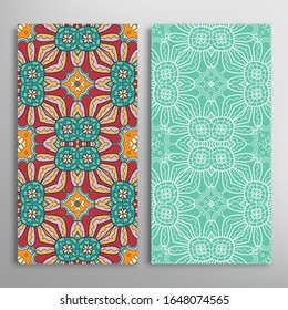 Vertical seamless patterns set, floral geometric lace texture for Wedding, Valentine's day, greeting card or Birthday Invitation. Decorative seamless doodle backgrounds. Ethnic ornament border pattern