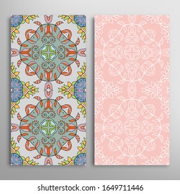 Vertical seamless patterns set, floral geometric lace texture for Wedding, Valentine's day, greeting card or Birthday Invitation. Decorative seamless doodle backgrounds. Ethnic ornament border pattern