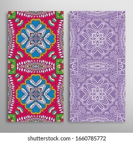 Vertical seamless patterns set, floral geometric lace texture for Wedding, Valentine's day, greeting card or Birthday Invitation. Decorative seamless doodle backgrounds. Ethnic ornament border pattern