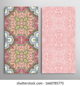 Vertical seamless patterns set, floral geometric lace texture for Wedding, Valentine's day, greeting card or Birthday Invitation. Decorative seamless doodle backgrounds. Ethnic ornament border pattern