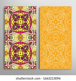 Vertical seamless patterns set, floral geometric lace texture for Wedding, Valentine's day, greeting card or Birthday Invitation. Decorative seamless doodle backgrounds. Ethnic ornament border pattern