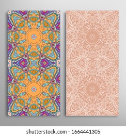 Vertical seamless patterns set, floral geometric lace texture for Wedding, Valentine's day, greeting card or Birthday Invitation. Decorative seamless doodle backgrounds. Ethnic ornament border pattern