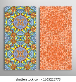 Vertical seamless patterns set, floral geometric lace texture for Wedding, Valentine's day, greeting card or Birthday Invitation. Decorative seamless doodle backgrounds. Ethnic ornament border pattern