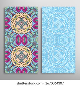 Vertical seamless patterns set, floral geometric lace texture for Wedding, Valentine's day, greeting card or Birthday Invitation. Decorative seamless doodle backgrounds. Ethnic ornament border pattern
