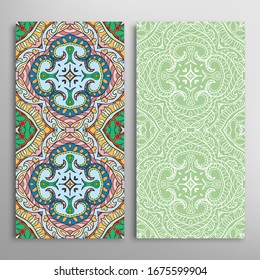 Vertical seamless patterns set, floral geometric lace texture for Wedding, Valentine's day, greeting card or Birthday Invitation. Decorative seamless doodle backgrounds. Ethnic ornament border pattern
