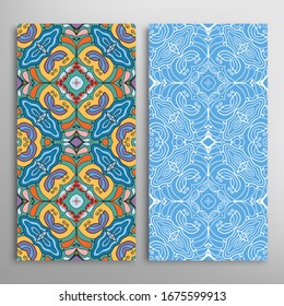 Vertical seamless patterns set, floral geometric lace texture for Wedding, Valentine's day, greeting card or Birthday Invitation. Decorative seamless doodle backgrounds. Ethnic ornament border pattern