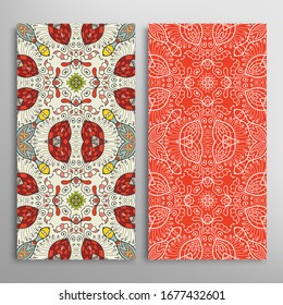 Vertical seamless patterns set, floral geometric lace texture for Wedding, Valentine's day, greeting card or Birthday Invitation. Decorative seamless doodle backgrounds. Ethnic ornament border pattern