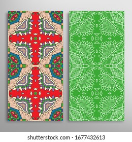 Vertical seamless patterns set, floral geometric lace texture for Wedding, Valentine's day, greeting card or Birthday Invitation. Decorative seamless doodle backgrounds. Ethnic ornament border pattern
