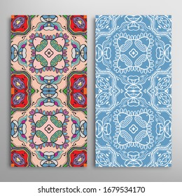 Vertical seamless patterns set, floral geometric lace texture for Wedding, Valentine's day, greeting card or Birthday Invitation. Decorative seamless doodle backgrounds. Ethnic ornament border pattern
