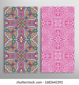 Vertical seamless patterns set, floral geometric lace texture for Wedding, Valentine's day, greeting card or Birthday Invitation. Decorative seamless doodle backgrounds. Ethnic ornament border pattern