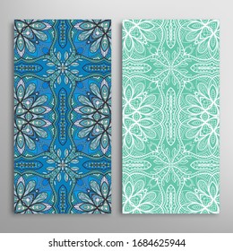 Vertical seamless patterns set, floral geometric lace texture for Wedding, Valentine's day, greeting card or Birthday Invitation. Decorative seamless doodle backgrounds. Ethnic ornament border pattern