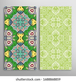 Vertical seamless patterns set, floral geometric lace texture for Wedding, Valentine's day, greeting card or Birthday Invitation. Decorative seamless doodle backgrounds. Ethnic ornament border pattern