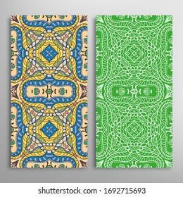 Vertical seamless patterns set, floral geometric lace texture for Wedding, Valentine's day, greeting card or Birthday Invitation. Decorative seamless doodle backgrounds. Ethnic ornament border pattern