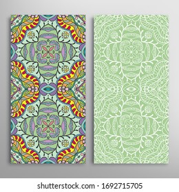 Vertical seamless patterns set, floral geometric lace texture for Wedding, Valentine's day, greeting card or Birthday Invitation. Decorative seamless doodle backgrounds. Ethnic ornament border pattern