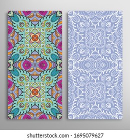 Vertical seamless patterns set, floral geometric lace texture for Wedding, Valentine's day, greeting card or Birthday Invitation. Decorative seamless doodle backgrounds. Ethnic ornament border pattern