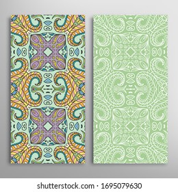 Vertical seamless patterns set, floral geometric lace texture for Wedding, Valentine's day, greeting card or Birthday Invitation. Decorative seamless doodle backgrounds. Ethnic ornament border pattern