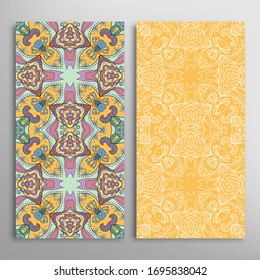 Vertical seamless patterns set, floral geometric lace texture for Wedding, Valentine's day, greeting card or Birthday Invitation. Decorative seamless doodle backgrounds. Ethnic ornament border pattern