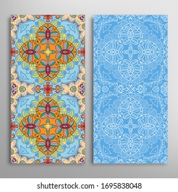 Vertical seamless patterns set, floral geometric lace texture for Wedding, Valentine's day, greeting card or Birthday Invitation. Decorative seamless doodle backgrounds. Ethnic ornament border pattern