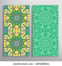 Vertical seamless patterns set, floral geometric lace texture for Wedding, Valentine's day, greeting card or Birthday Invitation. Decorative seamless doodle backgrounds. Ethnic ornament border pattern