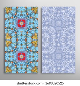 Vertical seamless patterns set, floral geometric lace texture for Wedding, Valentine's day, greeting card or Birthday Invitation. Decorative seamless doodle backgrounds. Ethnic ornament border pattern