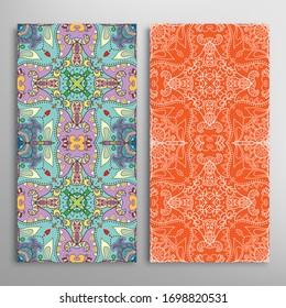 Vertical seamless patterns set, floral geometric lace texture for Wedding, Valentine's day, greeting card or Birthday Invitation. Decorative seamless doodle backgrounds. Ethnic ornament border pattern