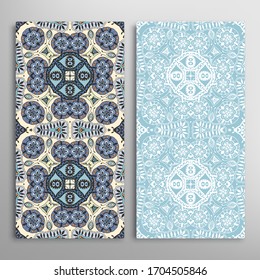 Vertical seamless patterns set, floral geometric lace texture for Wedding, Valentine's day, greeting card or Birthday Invitation. Decorative seamless doodle backgrounds. Ethnic ornament border pattern