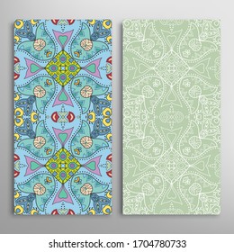 Vertical seamless patterns set, floral geometric lace texture for Wedding, Valentine's day, greeting card or Birthday Invitation. Decorative seamless doodle backgrounds. Ethnic ornament border pattern