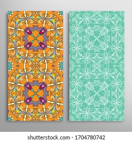 Vertical seamless patterns set, floral geometric lace texture for Wedding, Valentine's day, greeting card or Birthday Invitation. Decorative seamless doodle backgrounds. Ethnic ornament border pattern