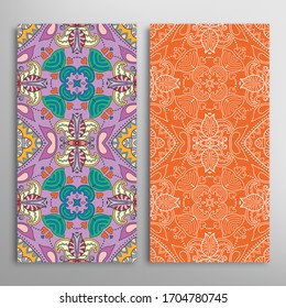 Vertical seamless patterns set, floral geometric lace texture for Wedding, Valentine's day, greeting card or Birthday Invitation. Decorative seamless doodle backgrounds. Ethnic ornament border pattern