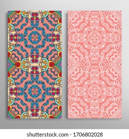 Vertical seamless patterns set, floral geometric lace texture for Wedding, Valentine's day, greeting card or Birthday Invitation. Decorative seamless doodle backgrounds. Ethnic ornament border pattern