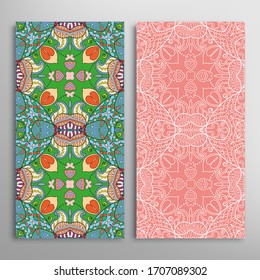 Vertical seamless patterns set, floral geometric lace texture for Wedding, Valentine's day, greeting card or Birthday Invitation. Decorative seamless doodle backgrounds. Ethnic ornament border pattern