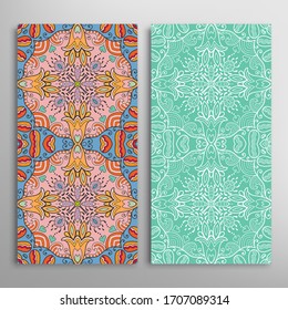 Vertical seamless patterns set, floral geometric lace texture for Wedding, Valentine's day, greeting card or Birthday Invitation. Decorative seamless doodle backgrounds. Ethnic ornament border pattern