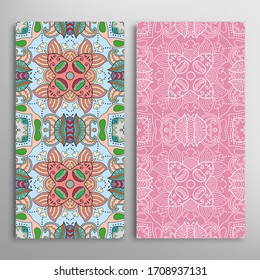 Vertical seamless patterns set, floral geometric lace texture for Wedding, Valentine's day, greeting card or Birthday Invitation. Decorative seamless doodle backgrounds. Ethnic ornament border pattern
