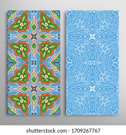 Vertical seamless patterns set, floral geometric lace texture for Wedding, Valentine's day, greeting card or Birthday Invitation. Decorative seamless doodle backgrounds. Ethnic ornament border pattern