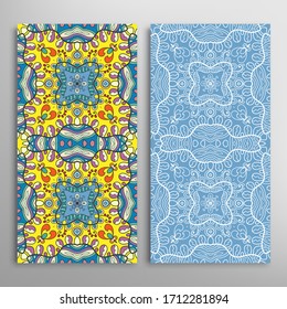 Vertical seamless patterns set, floral geometric lace texture for Wedding, Valentine's day, greeting card or Birthday Invitation. Decorative seamless doodle backgrounds. Ethnic ornament border pattern