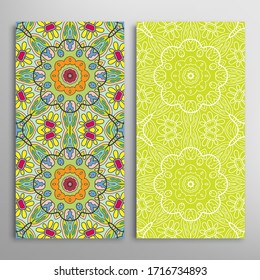 Vertical seamless patterns set, floral geometric lace texture for Wedding, Valentine's day, greeting card or Birthday Invitation. Decorative seamless doodle backgrounds. Ethnic ornament border pattern