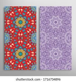 Vertical seamless patterns set, floral geometric lace texture for Wedding, Valentine's day, greeting card or Birthday Invitation. Decorative seamless doodle backgrounds. Ethnic ornament border pattern