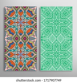Vertical seamless patterns set, floral geometric lace texture for Wedding, Valentine's day, greeting card or Birthday Invitation. Decorative seamless doodle backgrounds. Ethnic ornament border pattern