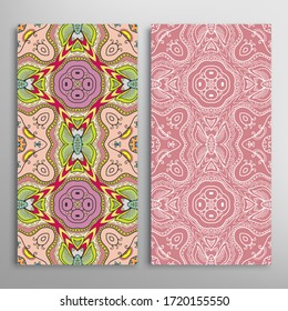Vertical seamless patterns set, floral geometric lace texture for Wedding, Valentine's day, greeting card or Birthday Invitation. Decorative seamless doodle backgrounds. Ethnic ornament border pattern