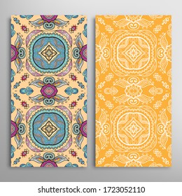 Vertical seamless patterns set, floral geometric lace texture for Wedding, Valentine's day, greeting card or Birthday Invitation. Decorative seamless doodle backgrounds. Ethnic ornament border pattern