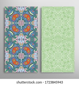 Vertical seamless patterns set, floral geometric lace texture for Wedding, Valentine's day, greeting card or Birthday Invitation. Decorative seamless doodle backgrounds. Ethnic ornament border pattern