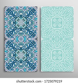 Vertical seamless patterns set, floral geometric lace texture for Wedding, Valentine's day, greeting card or Birthday Invitation. Decorative seamless doodle backgrounds. Ethnic ornament border pattern