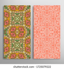 Vertical seamless patterns set, floral geometric lace texture for Wedding, Valentine's day, greeting card or Birthday Invitation. Decorative seamless doodle backgrounds. Ethnic ornament border pattern