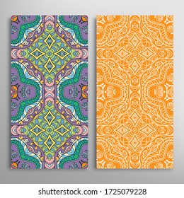 Vertical seamless patterns set, floral geometric lace texture for Wedding, Valentine's day, greeting card or Birthday Invitation. Decorative seamless doodle backgrounds. Ethnic ornament border pattern