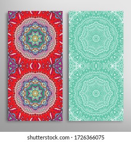 Vertical seamless patterns set, floral geometric lace texture for Wedding, Valentine's day, greeting card or Birthday Invitation. Decorative seamless doodle backgrounds. Ethnic ornament border pattern