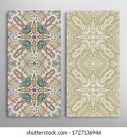 Vertical seamless patterns set, floral geometric lace texture for Wedding, Valentine's day, greeting card or Birthday Invitation. Decorative seamless doodle backgrounds. Ethnic ornament border pattern