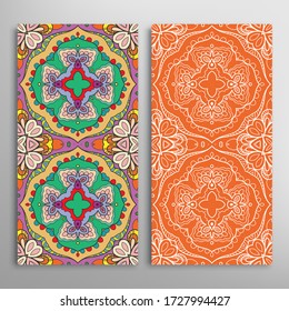 Vertical seamless patterns set, floral geometric lace texture for Wedding, Valentine's day, greeting card or Birthday Invitation. Decorative seamless doodle backgrounds. Ethnic ornament border pattern