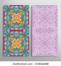 Vertical seamless patterns set, floral geometric lace texture for Wedding, Valentine's day, greeting card or Birthday Invitation. Decorative seamless doodle backgrounds. Ethnic ornament border pattern
