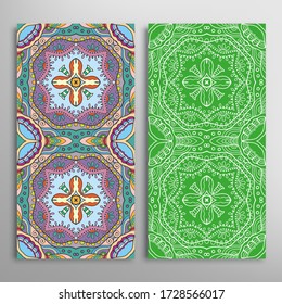 Vertical seamless patterns set, floral geometric lace texture for Wedding, Valentine's day, greeting card or Birthday Invitation. Decorative seamless doodle backgrounds. Ethnic ornament border pattern