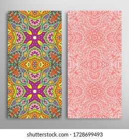 Vertical seamless patterns set, floral geometric lace texture for Wedding, Valentine's day, greeting card or Birthday Invitation. Decorative seamless doodle backgrounds. Ethnic ornament border pattern